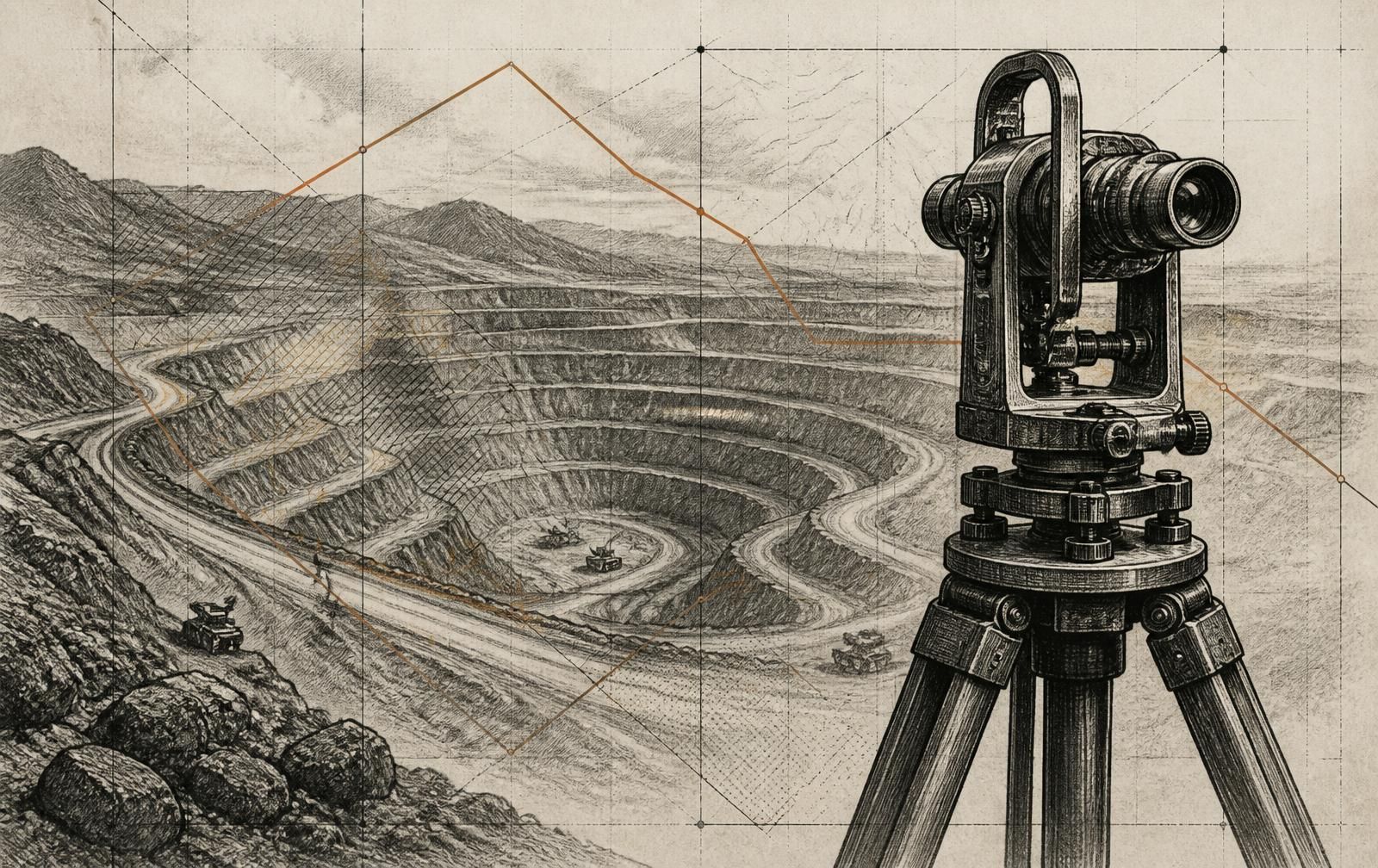 Gravura de cava a céu aberto e teodolito, arte do curso de Direito Minerário para Técnicos