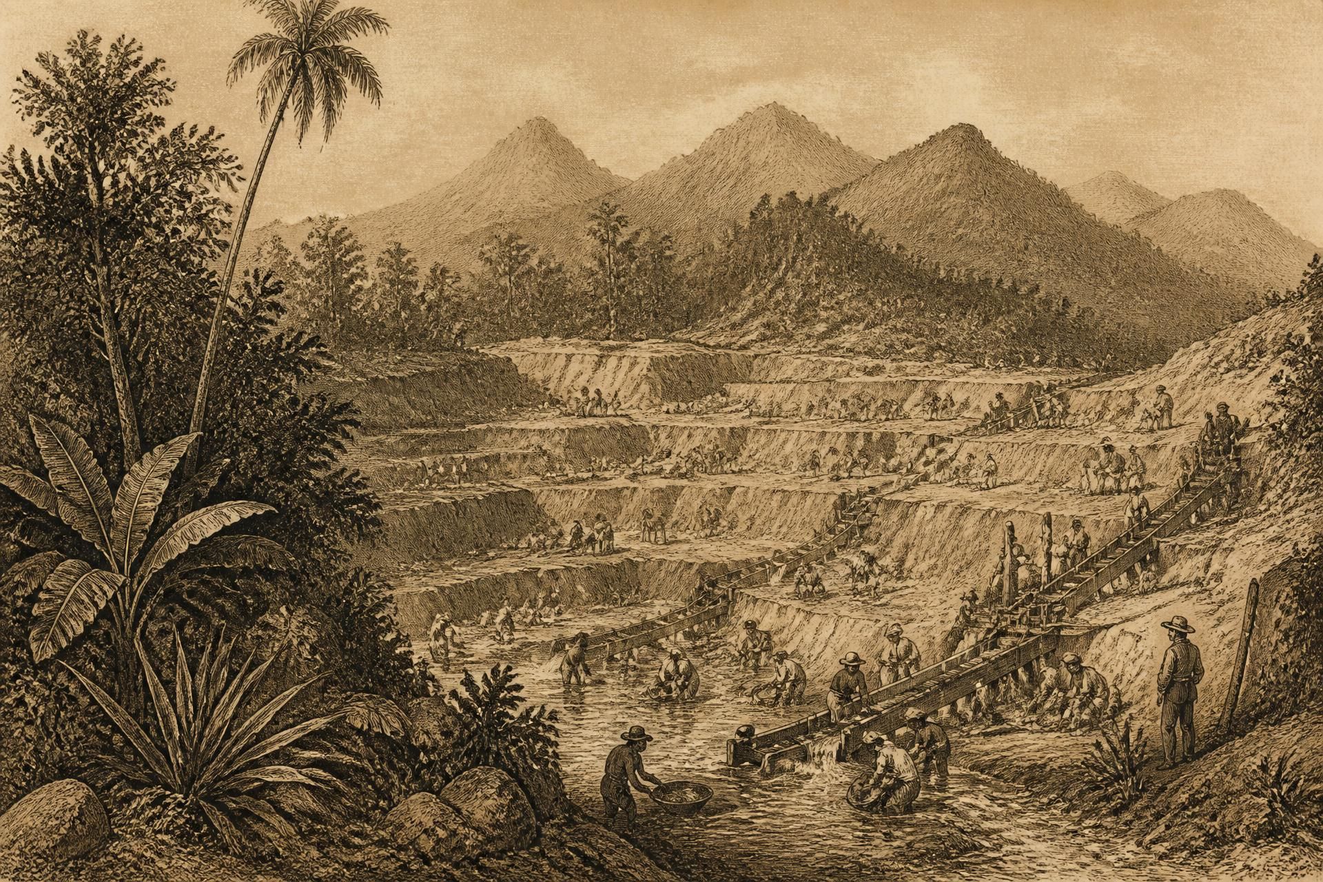 Gravura de Rugendas retratando garimpeiros extraindo minério no Brasil do século XIX