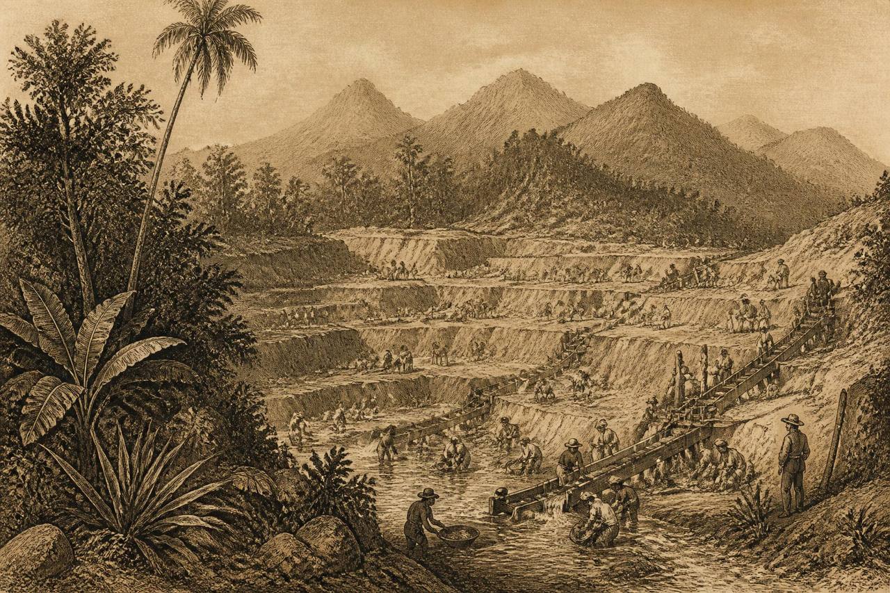 Gravura de Rugendas retratando garimpeiros extraindo minério no Brasil do século XIX